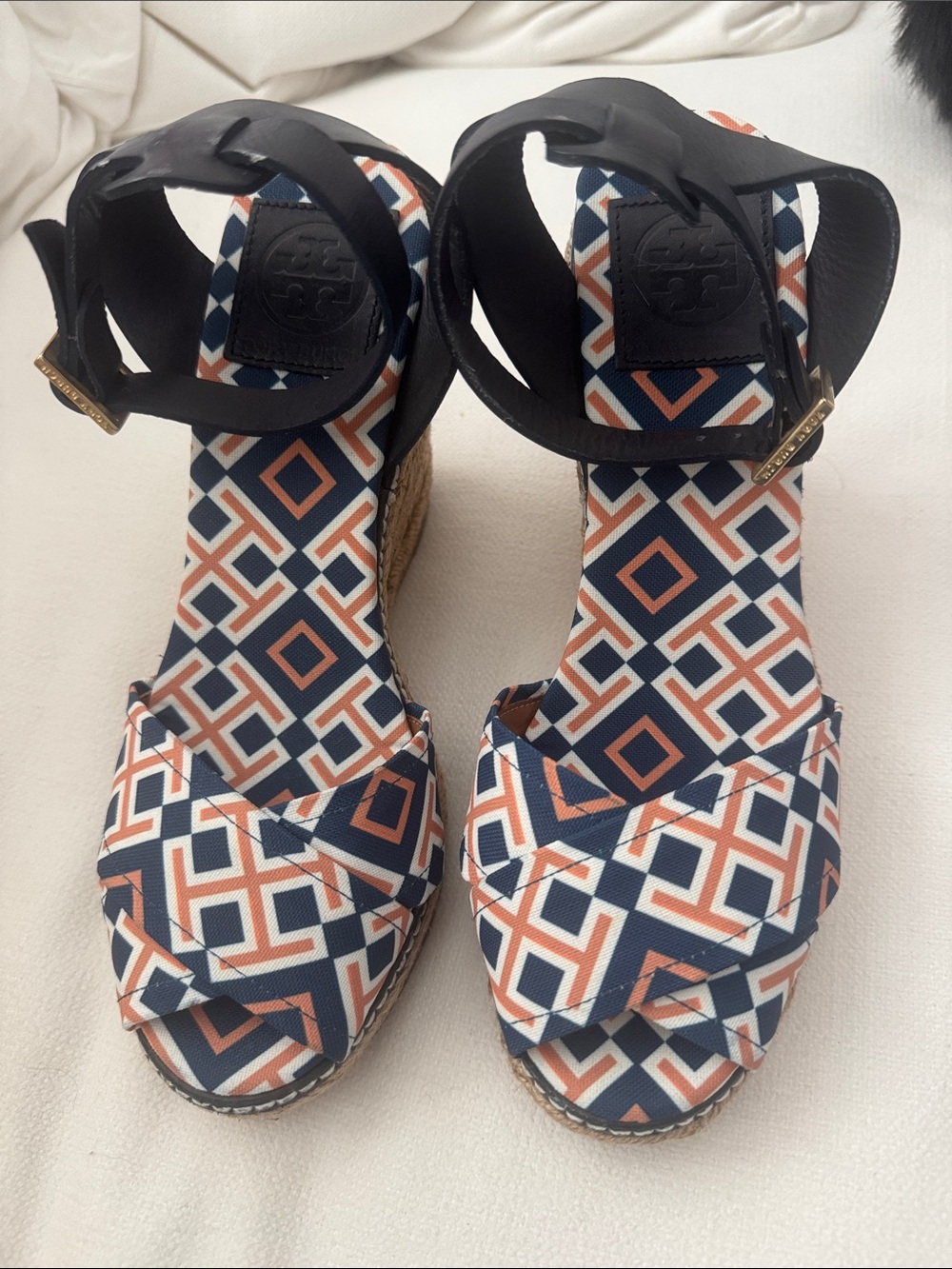 Tory Burch Navy & Coral Geometric Wedge Sandals